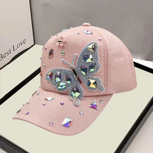 Pink baseball cap for women with colorful rhinestone butterfly and floral crystal accents