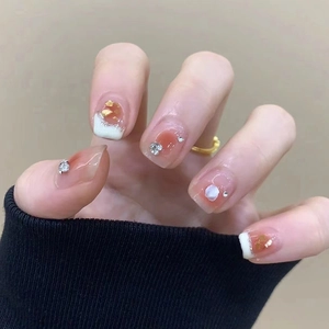 Short French Press On Nails Blush Ombre Handmade With Rhinestones Gold Foil Eggshell Fragments Sweet Style