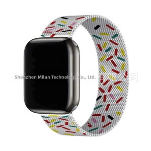 Detail of silver Milanese loop metal band with colorful stripes for smartwatches