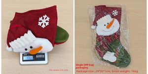 Detail view of 50cm snowman Christmas stocking with packaging dimensions and weight info