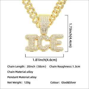 Gold-plated Cuban chain necklace with iced-out ICE letter pendant for men and women