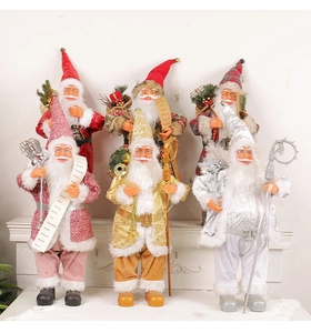 Detailed close-up of 24-inch Santa Claus figurines in various colorful velvet outfits