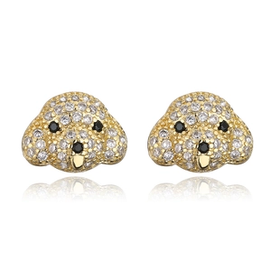 Close-up of 18K gold plated puppy stud earrings with sparkling micro-pave crystals