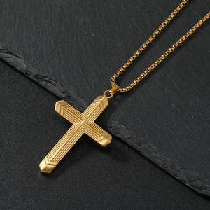 Golden stainless steel cross pendant necklace with vintage striped texture on box chain