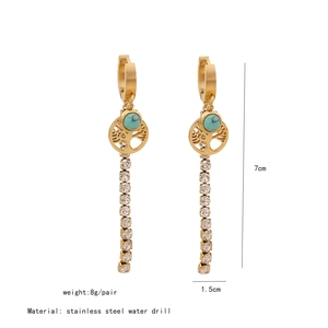 Close-up of golden long tassel earrings with sparkling rhinestones and turquoise stones