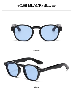 Front and side view of round retro sunglasses with black frames and blue lenses