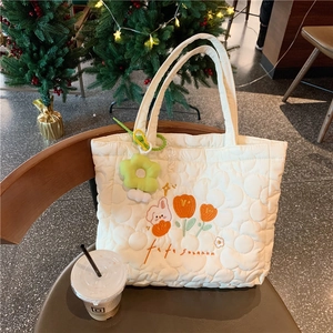 Quilted Embroidery Tote Bag Floral Rabbit Pattern Cotton Padded Shoulder Bag With Flower Pendant For Women Student