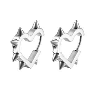 Silver titanium steel heart stud earrings with punk spikes and punk rock aesthetic style