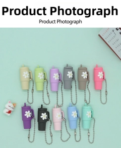 Detailed flat lay of colorful mini tumbler silicone keychains with daisy patterns