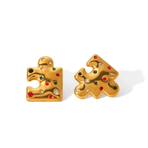 Creative 18k gold plated puzzle piece earrings with colorful inlaid rhinestones