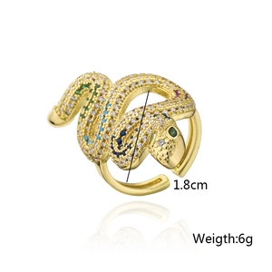 Adjustable gold plated snake ring with colorful zircon stones on white background