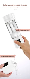 Detail of portable electric juicer featuring waterproof design and easy one-click cleaning