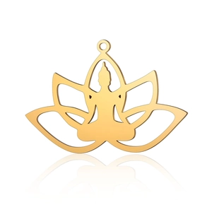 Detailed close-up of golden yoga silhouette and lotus pendant with a reflective finish