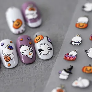 5D Halloween nail art stickers with 3D cute ghost and pumpkin relief designs