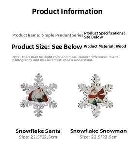 Detail of wooden Christmas snowflake ornaments with Santa and snowman prints, 22.5cm size