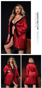 Detailed views of red satin plus size robe with black lace trim and silk finish