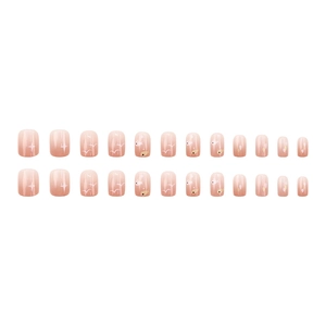 24pcs short round square press-on nails with pink gradient and cute bird fish illustrations