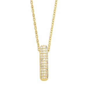 Macro detail of vertical gold pillar pendant with micro-pave crystals on link chain