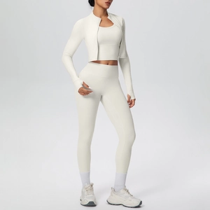Detailed view of off-white three-piece yoga set featuring zipper jacket and high waist pants