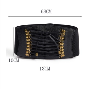 Detail view of black corset belt showing dimensions 68cm length and 13cm front width
