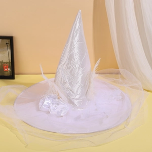 White satin witch hat featuring soft feathers and mesh veil for Halloween party costume
