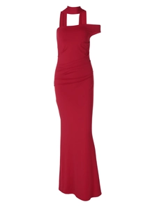 Robe longue rouge ajustée dos nu à une épaule avec ruban pour soirée formelle élégante