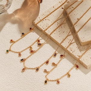18K Gold Plated Copper Necklace With Colorful Zirconia Geometric Pendants Trendy Minimalist Waterdrop Square Round Pendant Necklace