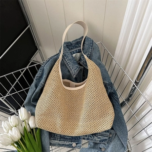 Large Capacity Straw Woven Tote Bag Women Hollow Mesh Summer Beach Shoulder Handbag Retro INS Style Leather Trim