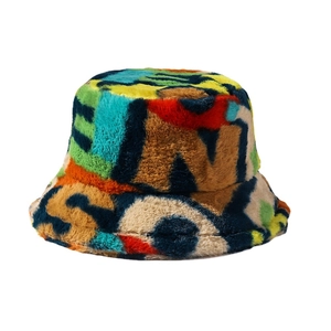 Colorful plush faux fur bucket hat with embroidered letters for winter street style