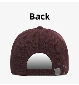 Back view of maroon herringbone baseball cap featuring an adjustable metal buckle strap