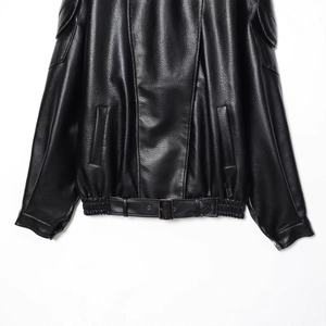Women black faux leather biker jacket with adjustable belted hem and metallic buckle detail