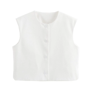 Detailed flat lay of white sleeveless vest with round neck and four matching buttons