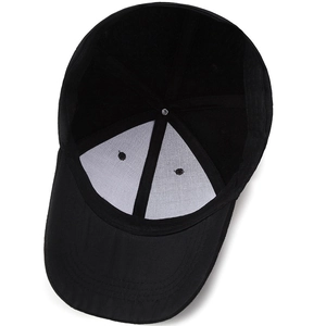 Internal view of a classic black cotton baseball cap with reinforced stitching and support