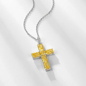 S925 Silver Cross Necklace with square yellow carbon diamond for hip-hop style fashion