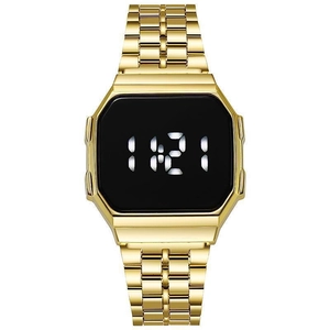 Vintage gold electronic digital watch with black octagonal dial and steel band