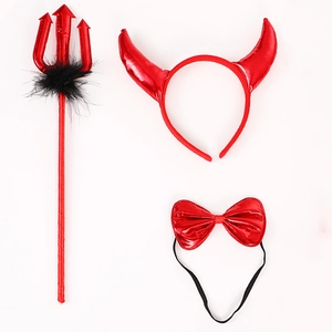 Three-piece red shiny devil costume set including horn headband, bow tie and pitchfork