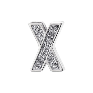 Detailed view of silver letter X pendant with sparkling crystals on stainless steel necklace