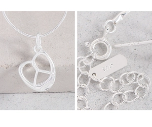Detailed close-up of S925 sterling silver pretzel heart necklace with snake chain and clasp
