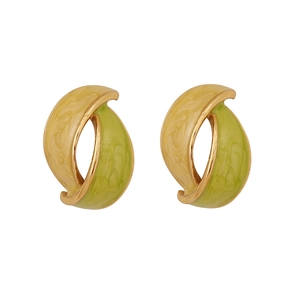 Fashionable half-moon enamel earrings in yellow and green marble finish with gold frame