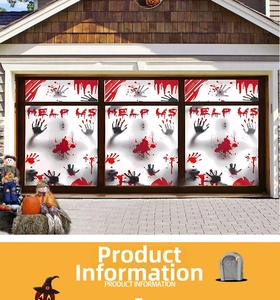 Realistic Halloween garage door stickers with bloody handprints and Help Us message