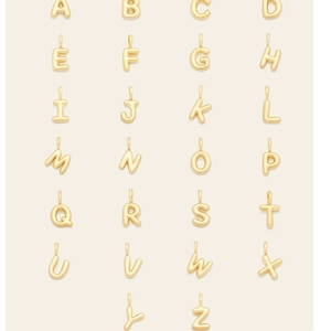 Complete set of 26 gold-plated alphabet pendants with smooth 3D metallic finish