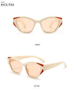 Front and side view of cream cat eye sunglasses with orange lenses and unique temples