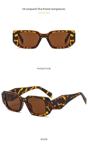 Detail view of leopard print square sunglasses with tea lenses and angular cut frame
