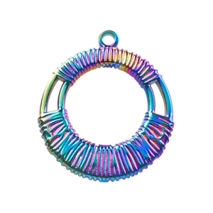 Macro shot of 18k vacuum plated circular pendant with rainbow metallic finish and textures