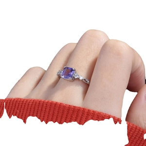Elegant princess cut purple amethyst open ring with side diamonds on silver band