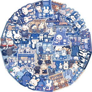 Variety of cute blue cartoon bunny stickers for scrapbooking and laptop decoration