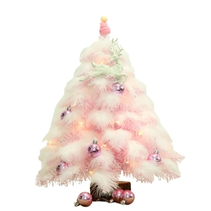 Pink and white feather mini Christmas tree with LED lights and wooden base decoration