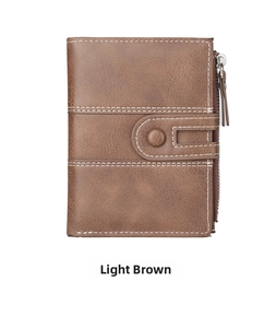 Close-up of light brown PU leather wallet showing litchi texture and white stitching