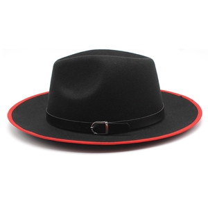 Classic black wool fedora hat with red brim trim and leather belt buckle detail