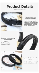 Detailed view of woven black leather bracelet with adjustable magnetic metal clasp